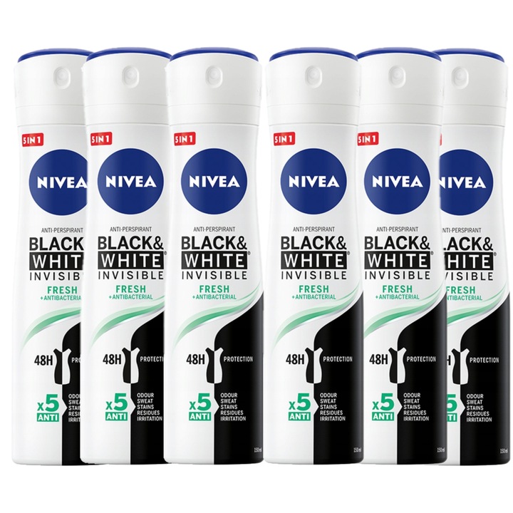 Set 6 Antiperspirante, Nivea, Black&White Invisible Fresh, 48h protectie, Fara Alcool, 6 x 150 ml