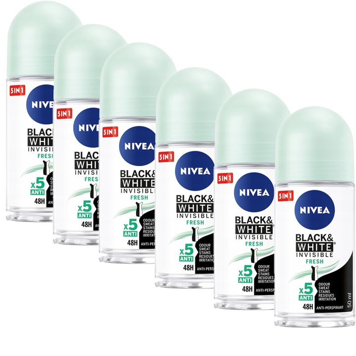 Рол-он против изпотяване, Nivea, Black&White Invisible Fresh, 6x50 мл