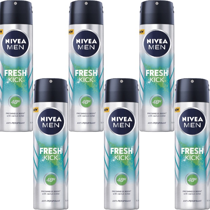 Set 6 Antiperspirante Nivea MEN Fresh Kick, fara alcool etilic, efect de prospetime, 150ml