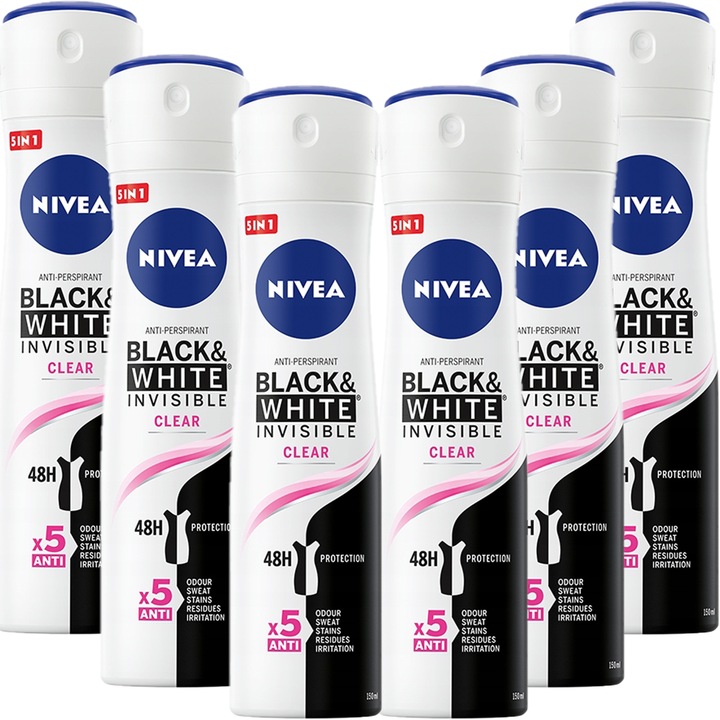 Set 6 Antiperspirante Nivea Black&White Invisible Clear, Protectie 48h, fara urme albe/galbene, 6x150ml
