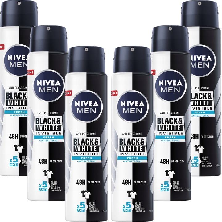 Set 6 antiperspirante spray pentru barbati, NIVEA, 48 h, invizibil, 250 ml