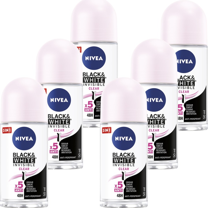 Set 6 deodorante roll-on femei, Nivea, Black&White, 50 ml