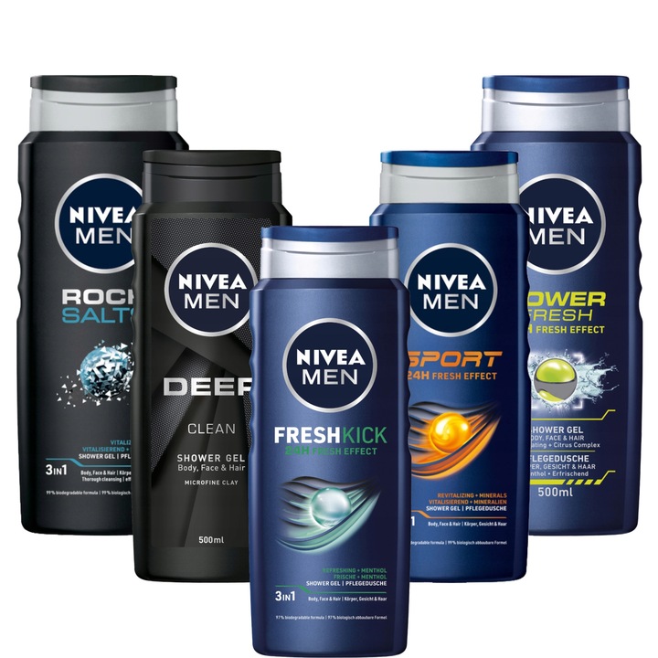 Set 5 Geluri de dus, Nivea Men, Fresh Kick, Deep Clean, Rock Salt, Sport, Power Fresh, 5 x 500 ml
