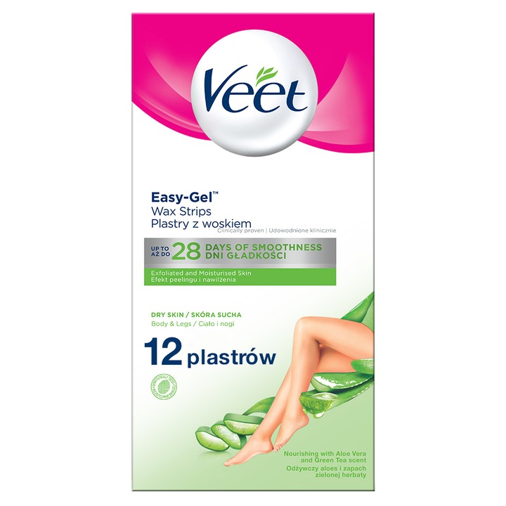 Benzi de depilare Veet pentru piele uscata cu aloe si ceai verde, 12 buc