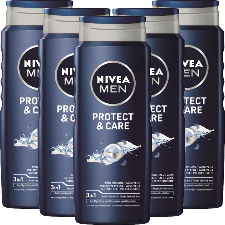 Set 5 Geluri de dus, Nivea Men, Protect & Care, Aloe vera, Pentru toate tipurile de piele, 5 x 500 ml
