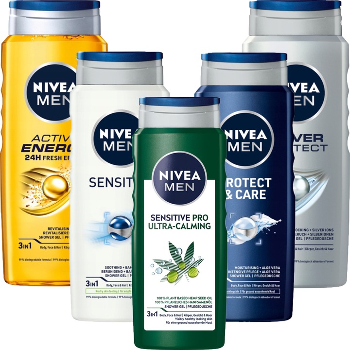 Set 5 geluri de dus pentru barbati, Nivea Men, 5 x 500 ml