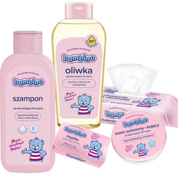 Set igiena bebelusi, Bambino, gel de dus 2 in 1, crema, sapun, ulei, multicolor