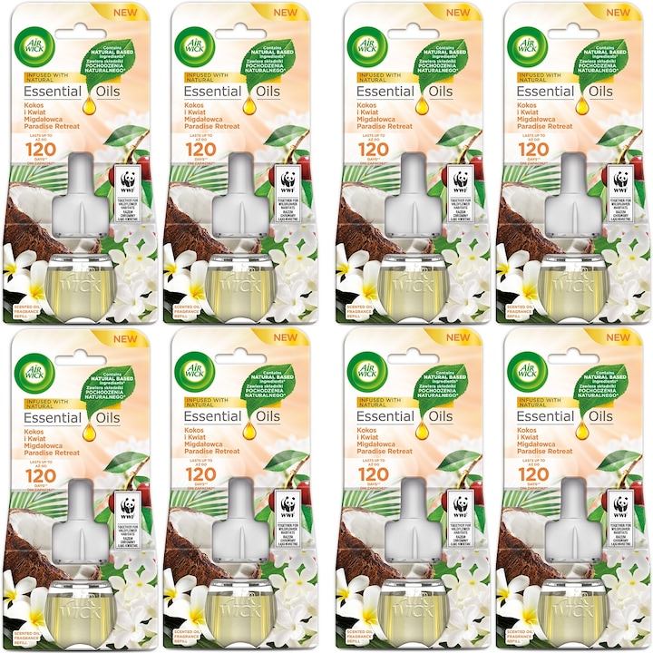 Set 8 Rezerve Odorizant Electric Air Wick, Cocos si Floare de Migdal, 19ml, 5 Nivele Intensitate