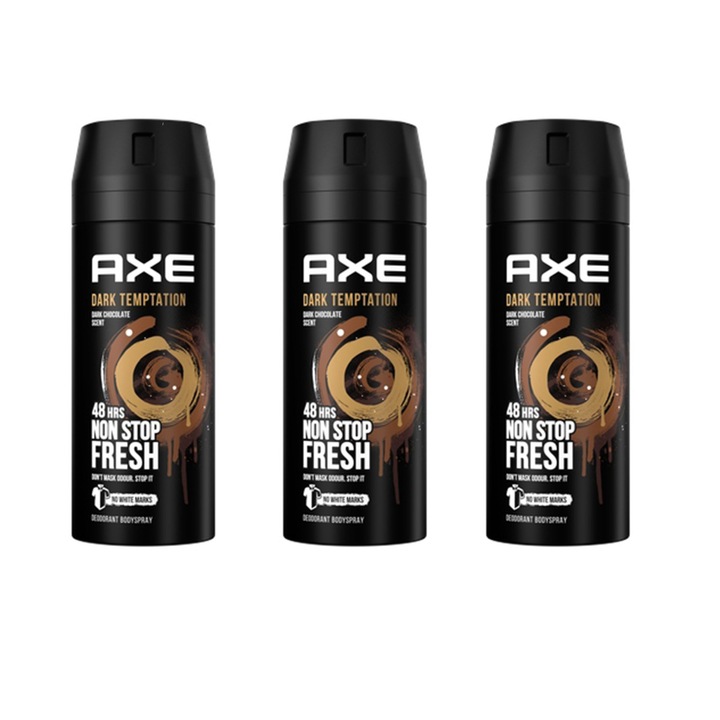 Set 3 deodorante spray barbati, Axe, protectie 48 h, parfum ciocolata si piper rosu, 150 ml, multicolor