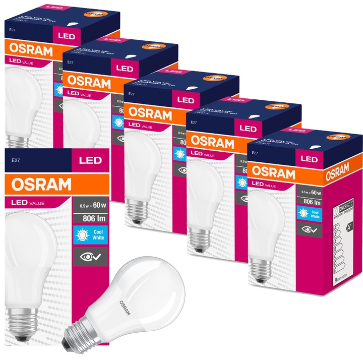 Set 6 becuri LED, Osram, A60, E27, 8.5 W, 60 x 112 mm, alb