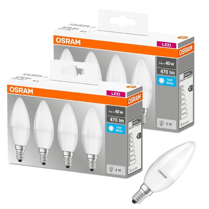 Комплект от 8 LED крушки, Osram, Форма на свещ, 5,5W еквивалент на 40W, 4000K, 470lm, Неутрално бяло, 106x35mm, E14