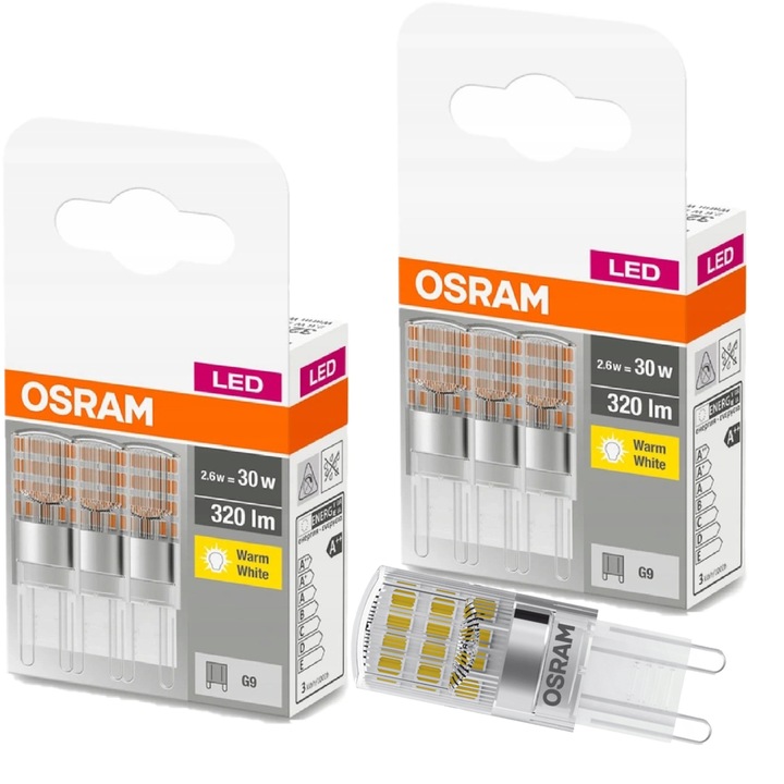 Комплект 6 LED крушки, Osram, 2.6W=30W, Warm Light, 2700Kx6, 52x15mm, G9