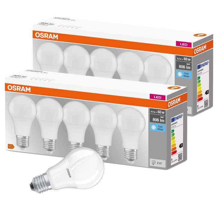 Комплект от 10 LED крушки OSRAM E27, 8.5W еквивалент на 60W, 4000K, 806lm