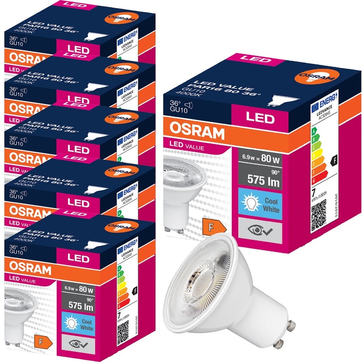 Комплект от 6 LED крушки, Osram, Халогенни, 6.9W, 4000K, 53x50mm, GU10