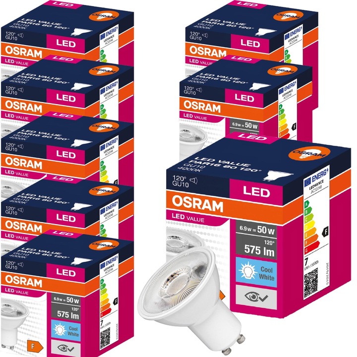 Комплект от 8 LED крушки, Osram, 6.9W, 4000K, 575lm, GU10