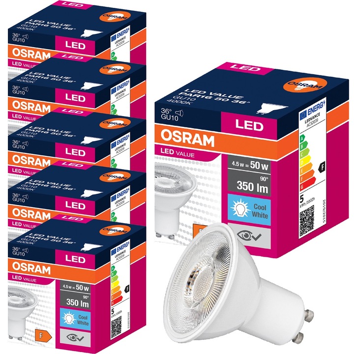 Комплект от 6 LED крушки, Osram, халогенни, 4.5W, неутрално бели, 53x50mm, GU10