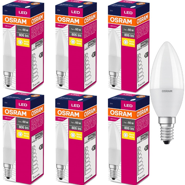 Set 6 Becuri LED tip Candelabru, Osram, E14, 7W echivalent 60W, 806lm, Lumina Calda, 2700K, 38x110mm