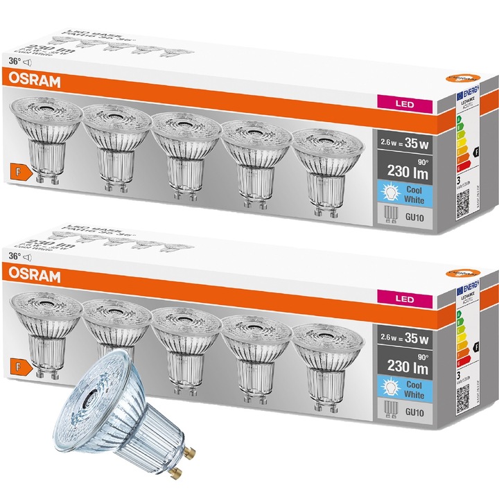 Комплект от 10 LED крушки Maxell, GU10, 2.6W еквивалент на 35W, 4000K, 230lm, 55x51mm