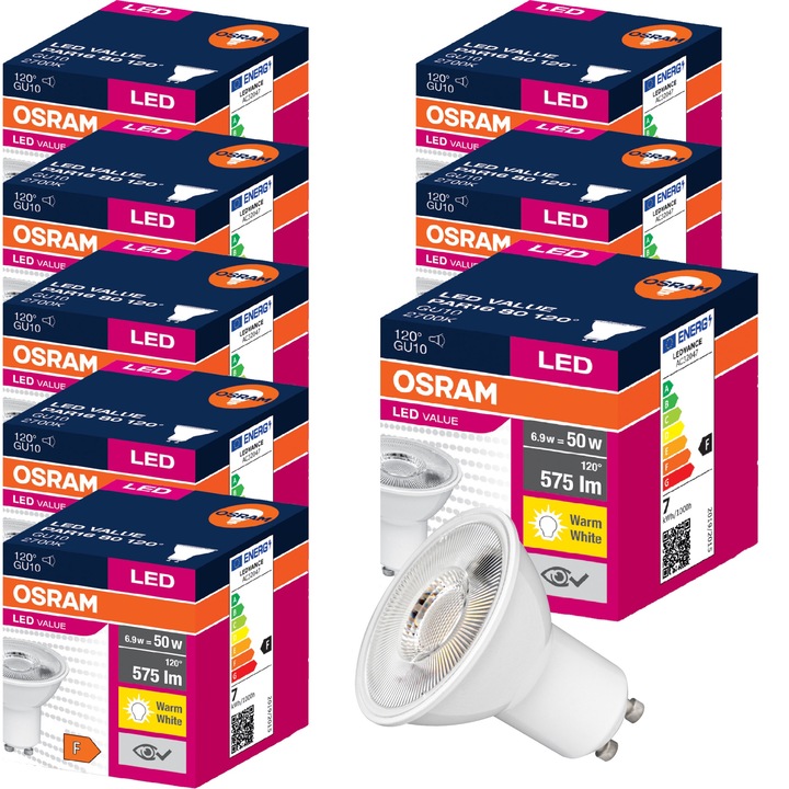 Комплект 8 LED крушки Osram, GU10, 6.9W=50W, 2700K, 575lm, 120°, 56x51mm