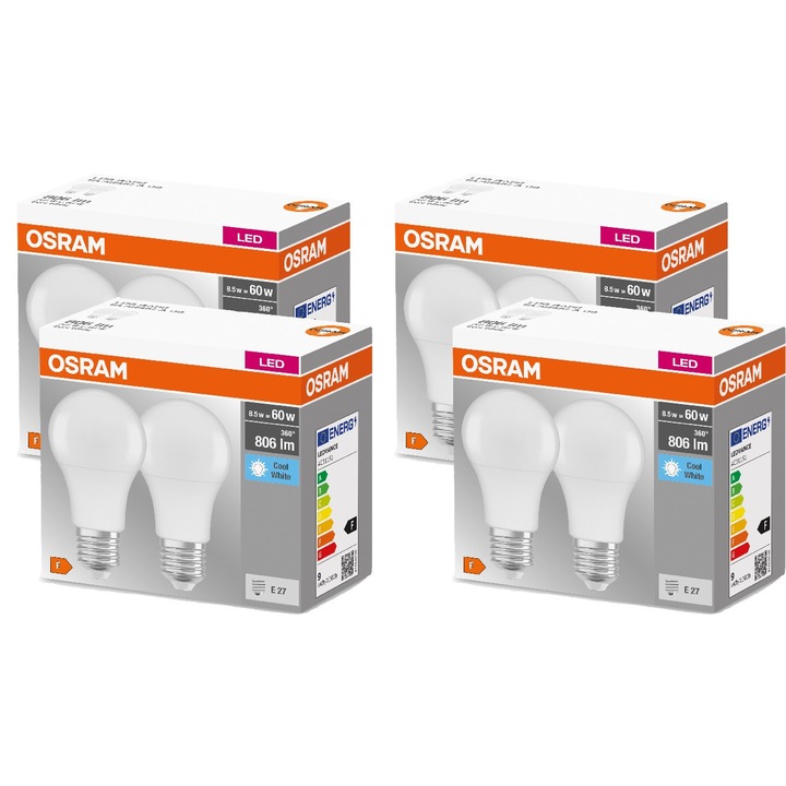 Комплект от 8 LED крушки Osram, E27, 8.5W, 4000K, 806lm, клас F