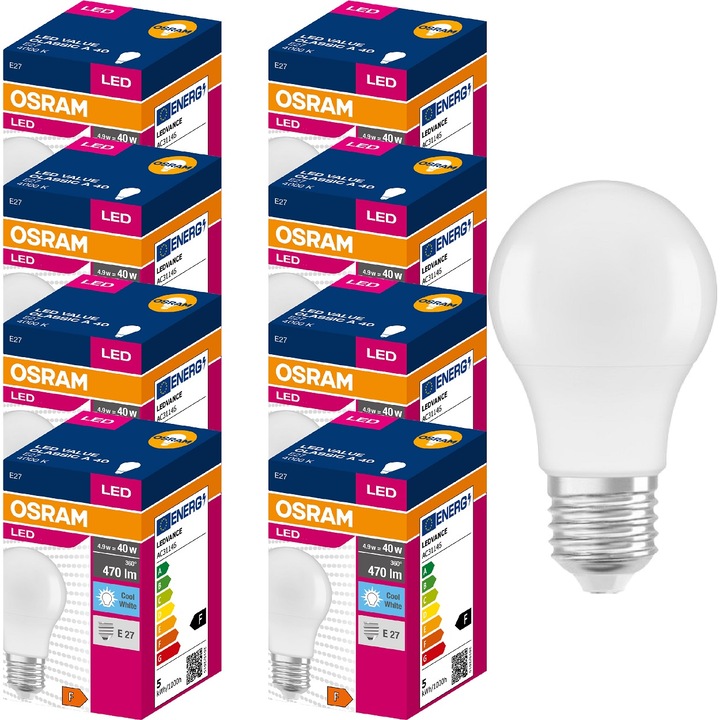 8 db OSRAM LED izzó készlet, E27, 4.9W megfelelő 40W, 470lm, 4000K, 60x112mm, F osztály