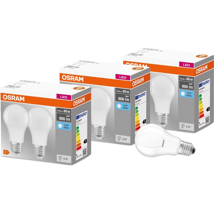 Set 6 becuri LED, Osram, E27, 8.5W, 806lm, alb neutru
