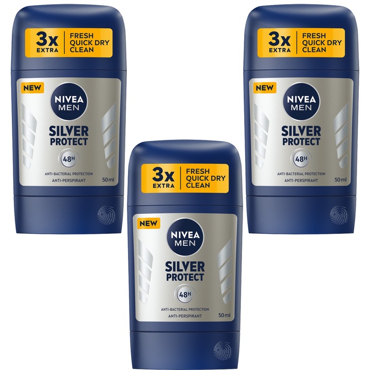 Set 3 antiperspirante, Nivea, Silver Protect, 48h protectie, 50ml