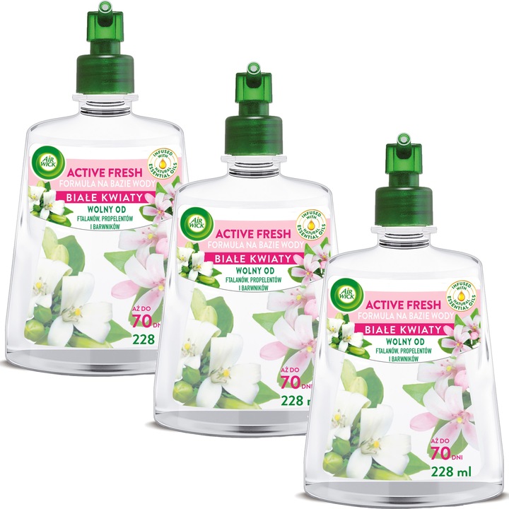 Set 3 rezerve odorizant camera, Air Wick, ACTIVE FRESH, flori albe, 228ml