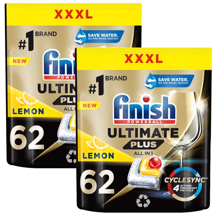 Комплект 2 х капсули препарат за съдомиялна, Finish, Ultimate Plus, лимон, 2 х 62 капсули