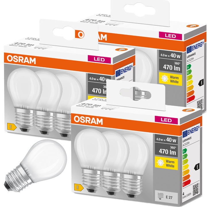 Комплект от 9 LED крушки OSRAM, E27, 4W еквивалент на 40W, 470lm, топла светлина, 2700K, 82x45mm