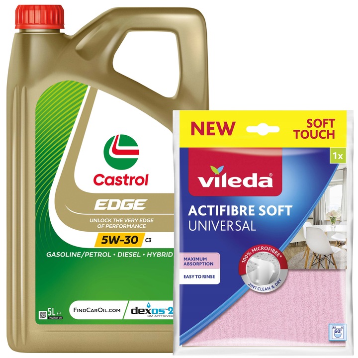 Set 1 x Ulei motor Castrol EDGE 5W-30 C3, 5L, 1 x Laveta Vileda Actifibre