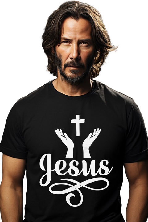 Мъжка тениска с кръст и надпис "Исус" - Jesus repent peace с щампа на лицето, 100% памук, черна, M