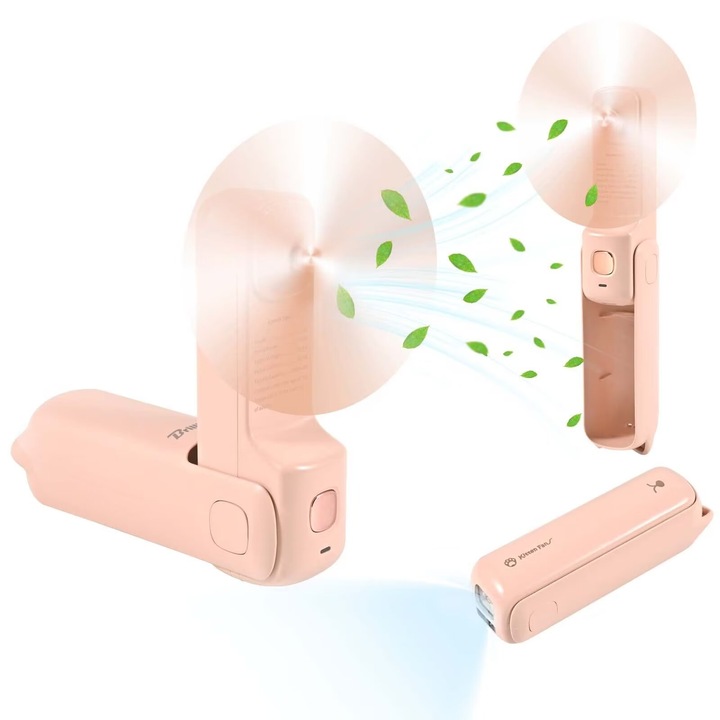 Ventilator portabil 3 in 1, lampa LED, power bank, roz, 2000mAh, 8x3.8x1.3cm