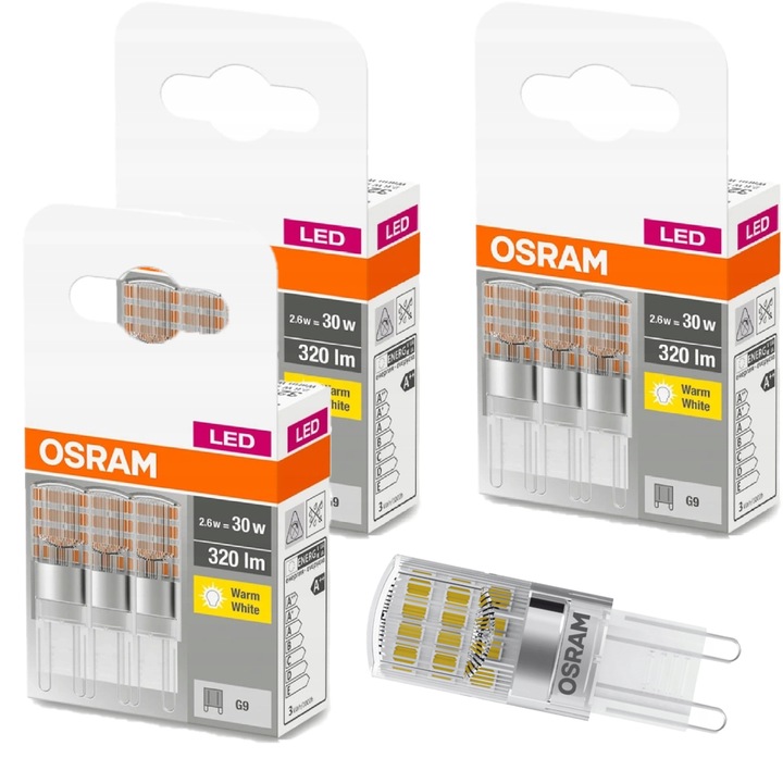 Комплект 9 LED крушки, Osram, 2.6W=30W, 2700K, 320lm, Топло бяло, G9