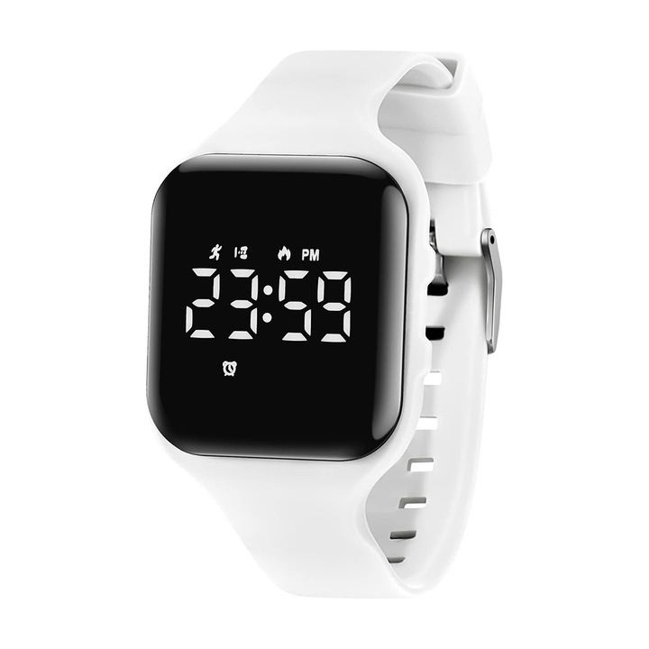 Ceas digital copii, sport, LED, Rezistent La Apa, Ceasuri Alarma, Cu Pedometru, alb
