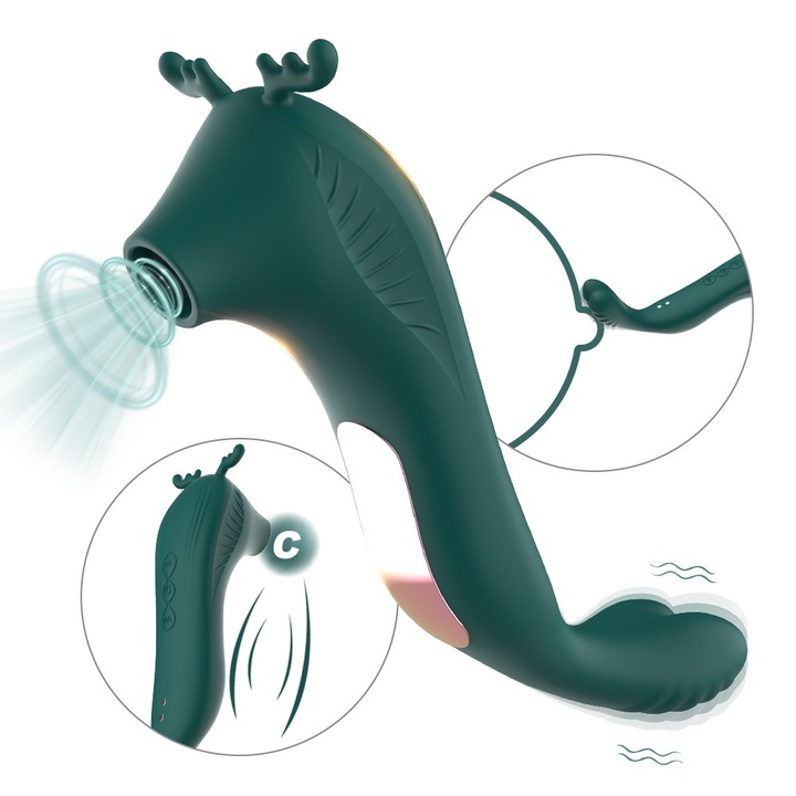 FairyKiss® 2 az 1-ben szarvas alakú vibrátoros szexjátékok, dupla motoros rendszer, hordozható G-pont és csikló stimuláció, 10 szopási és rezgési mód, női szexvibrátor, vízálló, zöld, 16x4cm