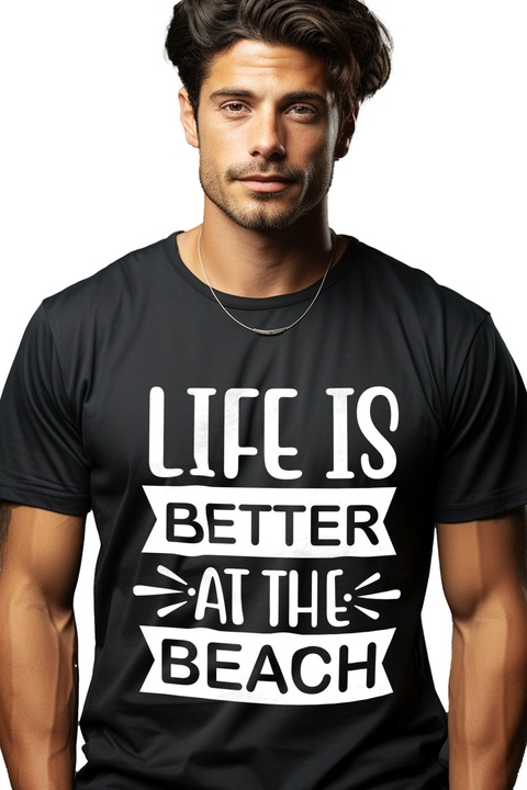 Tricou Barbati pentru cei care considera ca viata e mult mai buna pe plaja - mare distractie cu imprimeu pe Fata, 100% Bumbac, Negru, XS