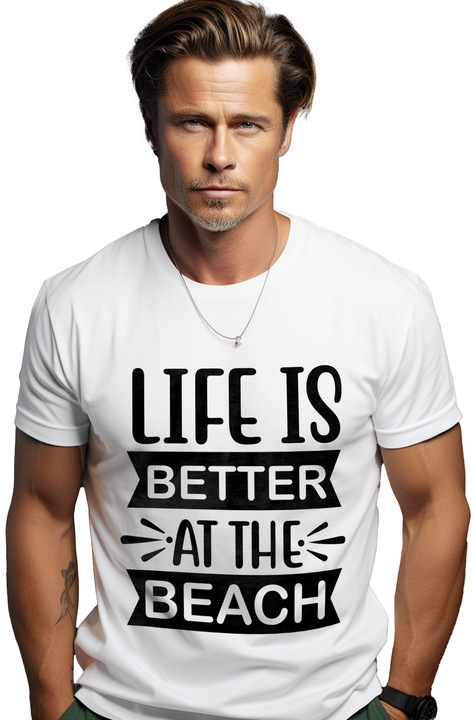 Tricou Barbati pentru cei care considera ca viata e mult mai buna pe plaja - mare distractie cu imprimeu pe Fata, 100% Bumbac, Alb, XL