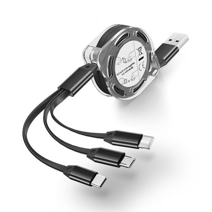 3 в 1 кабел за зареждане, Kolohoso Retractable, 2.1A, кабел за данни за бързо зареждане, Type-C, Lightning, Micro-USB, 1m