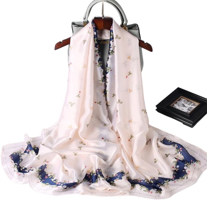 Esarfa de matase, eleganta, alb/albastru, 180x90cm