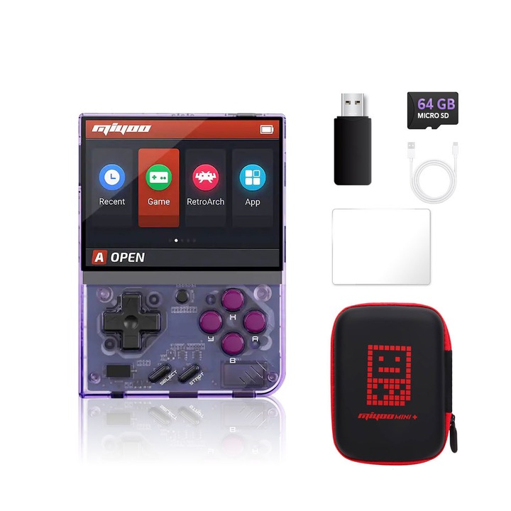Consola de jocuri Miyoo Mini Plus, JESWO®, 64GB, ecran IPS 3.5 inch, 3000mAh, Accepta mai multe emulatoare, 12000+ jocuri, incarcare tip c, Violet