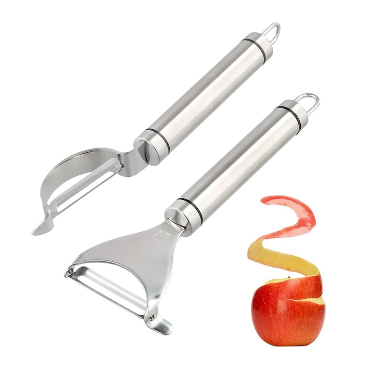 Peeler bucatarie, BOMSTOM, Set dispozitive de decojire legume si fructe, otel inoxidabil, set argintiu, 19.5x6cm, 20.5x1.8cm
