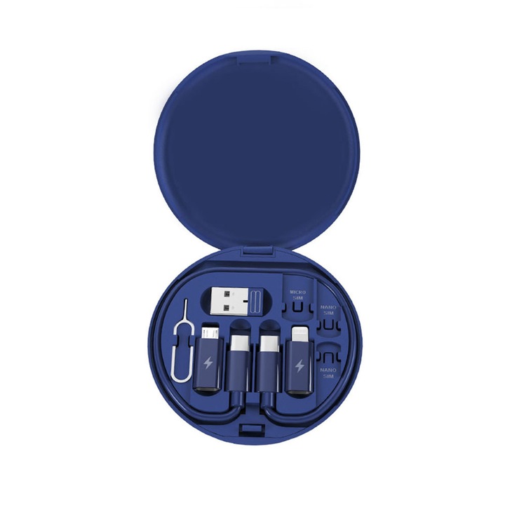 Комплект мултифункционални кабели за данни, 60W, Android, iOS, USB, кутия за съхранение, преносим, син