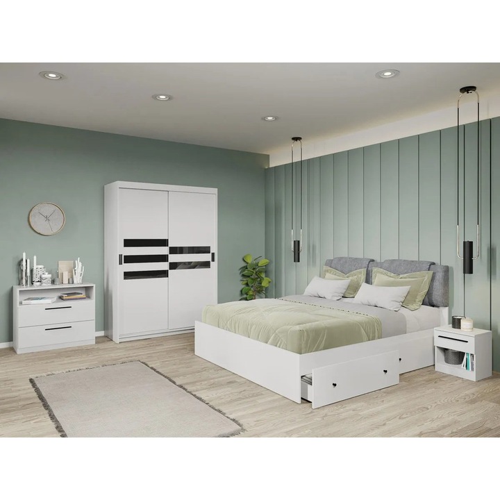 Set dormitor, Glass, Alb, C17, Pat, Dulap, Comoda, Noptiere