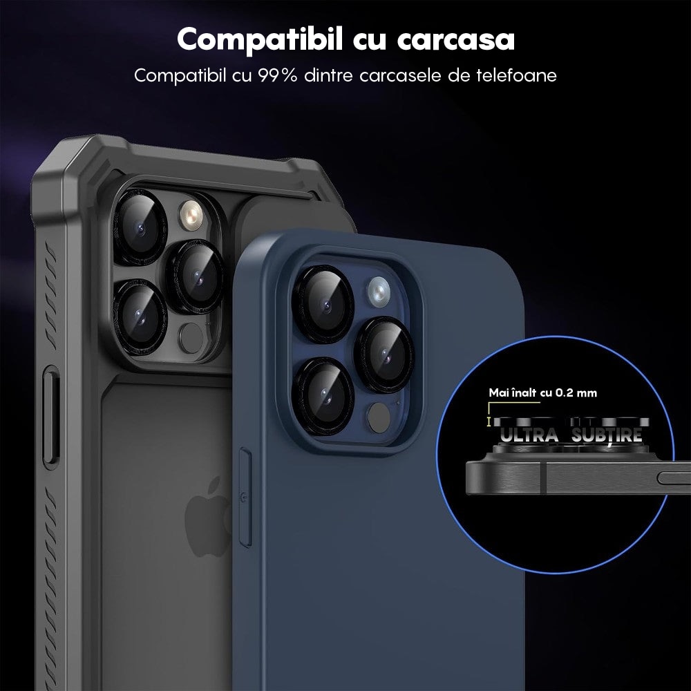 Folie Protectie Lentile Camera compatibila cu iPhone 12 / iPhone 12 Mini, CASEY STUDIOS™ MaxDefense+, Ultra HD, Protectie Profesionala Camere 3D, Anti Amprente, Anti Zgarieturi, Anti Socuri, Negru