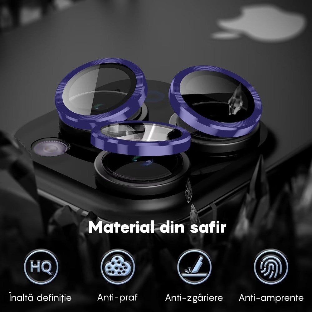 Folie Protectie Lentile Camera compatibila cu iPhone 15 Pro / iPhone 15 Pro Max, CASEY STUDIOS™ MaxDefense+, Ultra HD, Anti Amprente, Anti Zgarieturi, Anti Socuri, Mov inchis