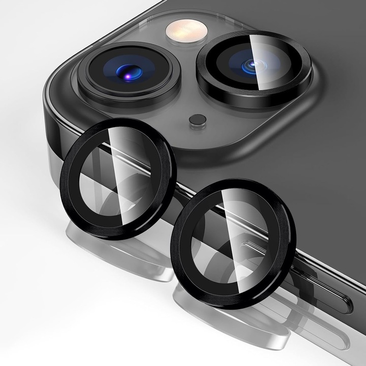 Kameralencse-védő Apple iPhone 14 / Apple iPhone 14 Plus készülékhez, CASEY STUDIOS™ MaxDefense+, Ultra HD, Professzionális 3D kameravédelem, Ujjlenyomat-, Karc- és Ütésálló, Fekete