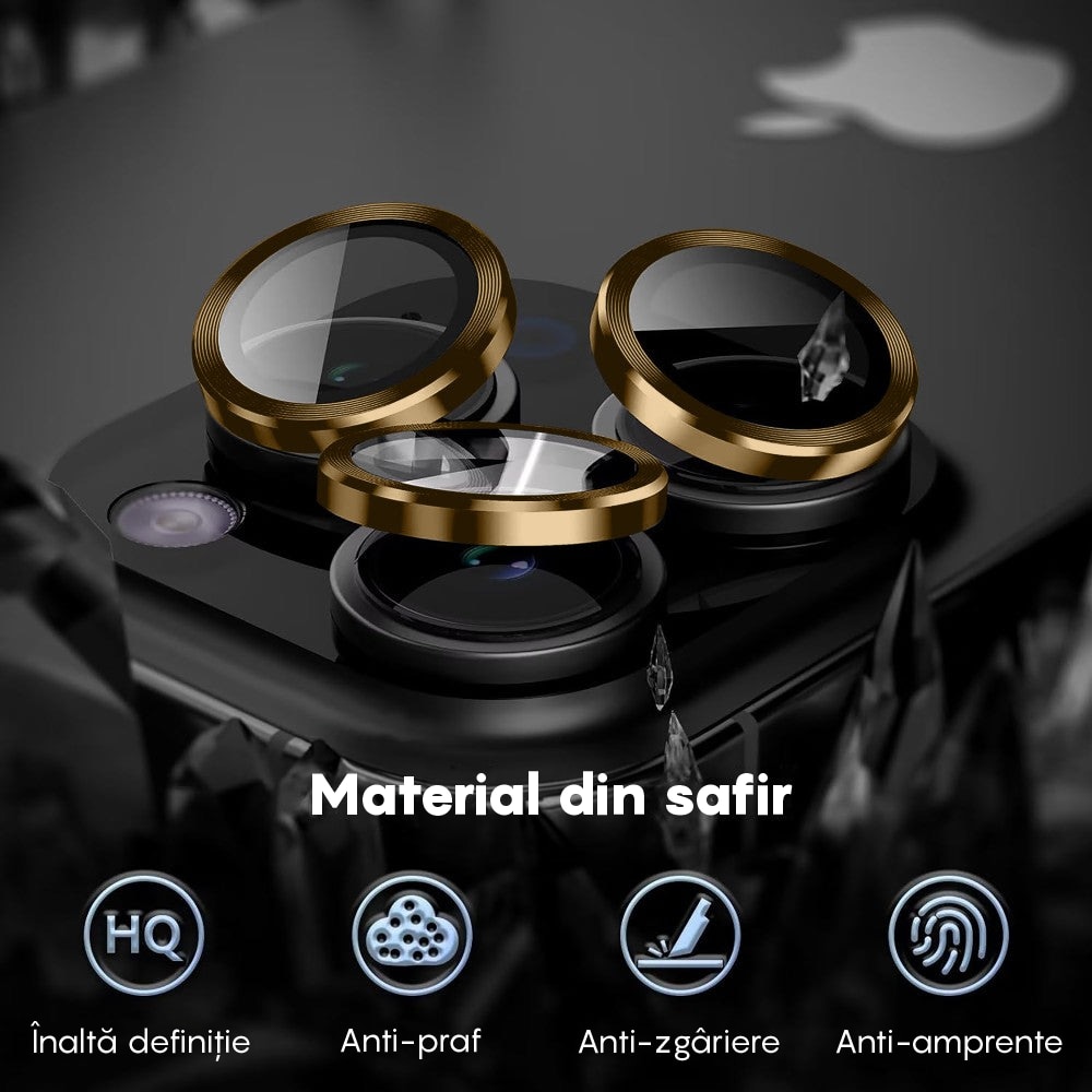Folie Protectie Lentile Camera compatibila cu iPhone 13 / iPhone 13 Mini, CASEY STUDIOS™ MaxDefense+, Ultra HD, Protectie Profesionala Camere 3D, Anti Amprente, Anti Zgarieturi, Anti Socuri, Galben