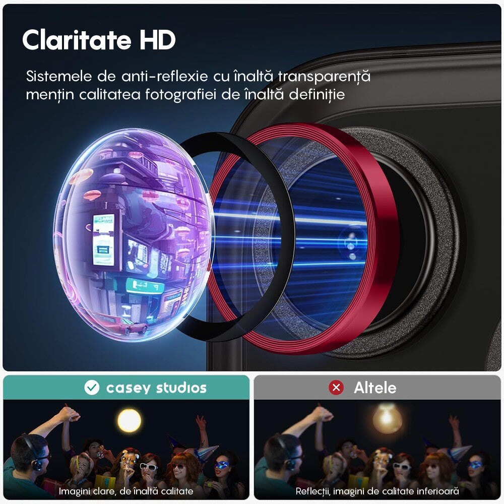 Folie Protectie Lentile Camera compatibila cu iPhone 12 Pro Max, CASEY STUDIOS™ MaxDefense+, Ultra HD, Anti Amprente, Anti Zgarieturi, Anti Socuri, Rosu