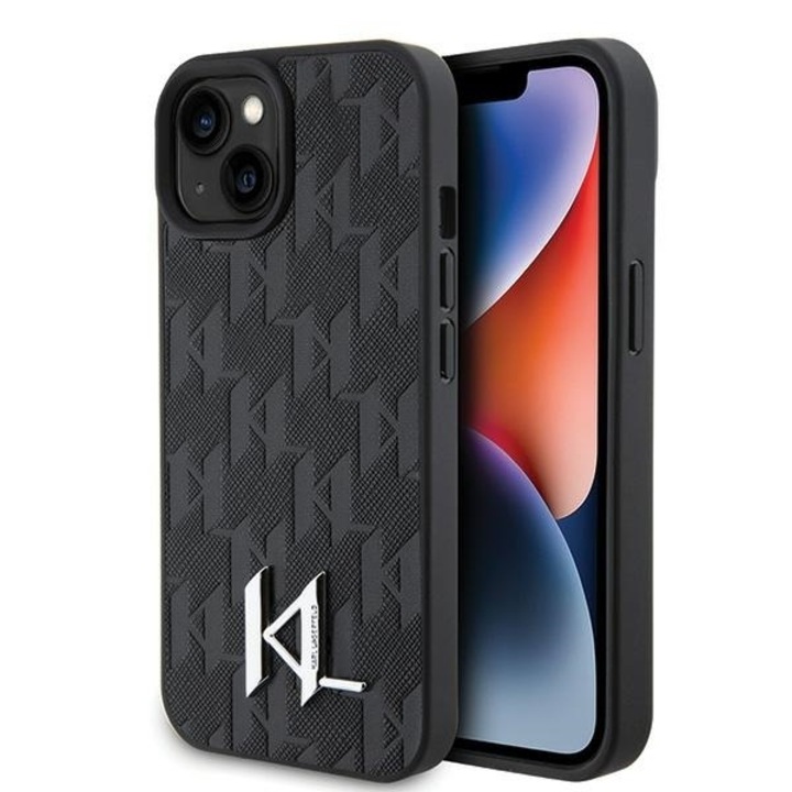 IPhone 15 / iPhone 14 / iPhone 13 tok - Karl Lagerfeld Hardcase Leather Monogram (KLHCP15SPKLPKLK) - Hot Stamp Metal logó